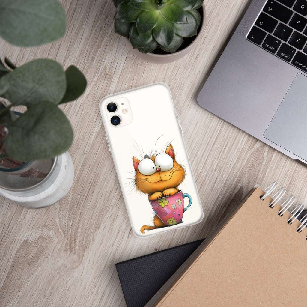 Goofy Cat in Cup Clear Case for iPhone 11 - Funny Cartoon Kitty Protective Cover