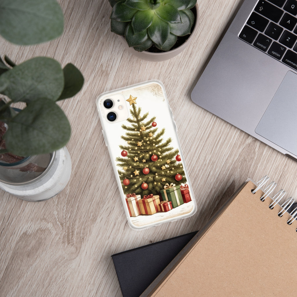 Vintage Christmas Tree Clear Case for iPhone 11 - Festive Holiday Tree & Gifts Protective Cover