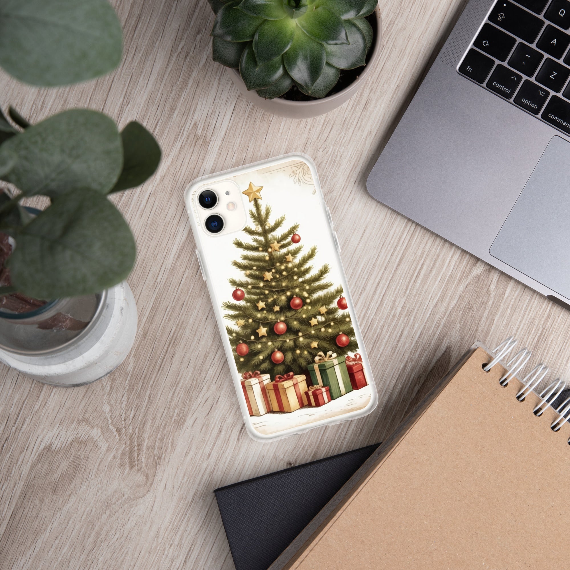 Vintage Christmas Tree Clear Case for iPhone 11 - Festive Holiday Tree & Gifts Protective Cover