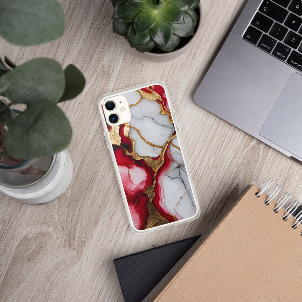 Crimson Golden Marble Luxe Clear Case for iPhone 11 - Luxury Red & Gold Marble Protective Cover