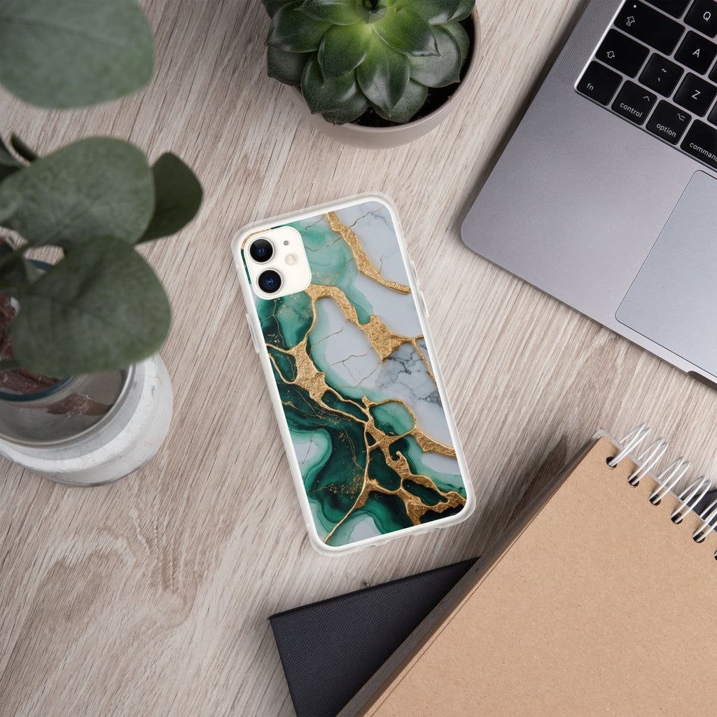 Emerald Golden Marble Flow Clear Case for iPhone 11 - Luxury Green & Gold Marble Protective Cover