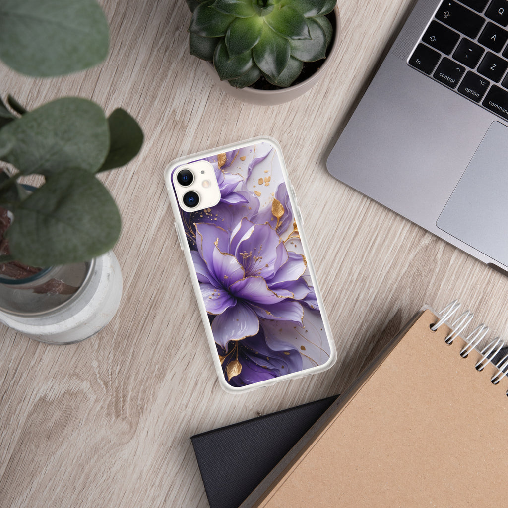 Royal Violet Bloom Clear Case for iPhone 11 - Luxury Purple & Gold Floral Protective Cover