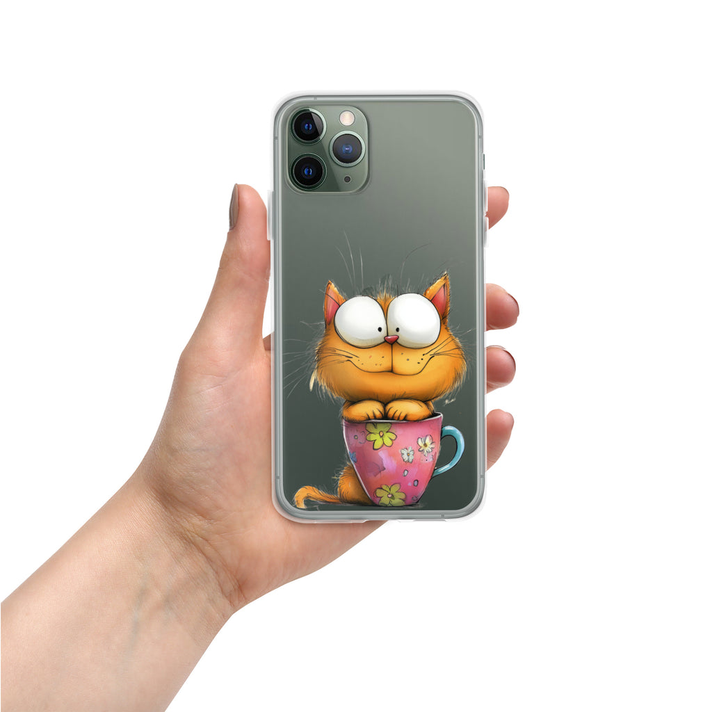 Goofy Cat in Cup Clear Case for iPhone 11 Pro - Funny Cartoon Kitty Protective Cover
