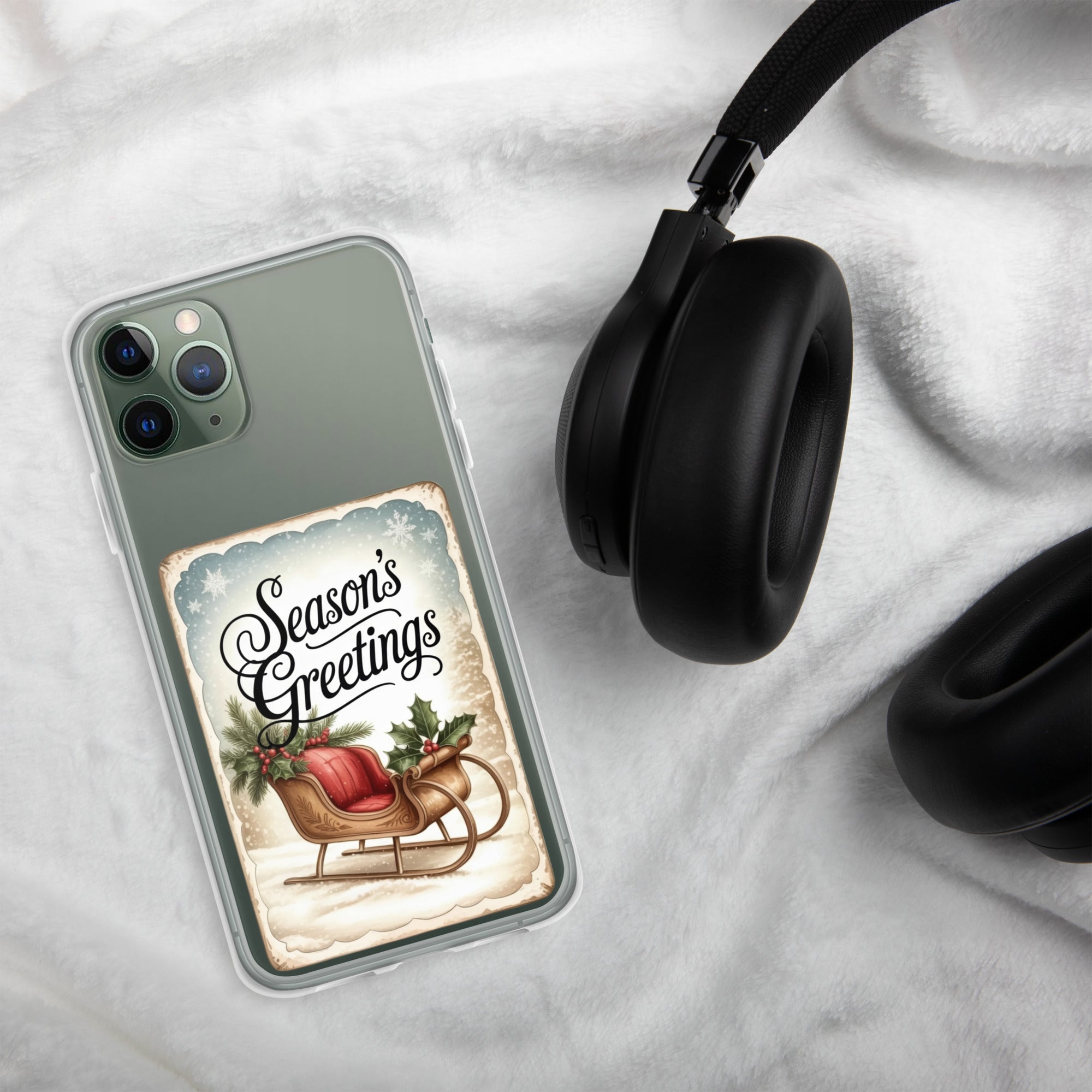 Season’s Greetings Vintage Holiday Clear Case for iPhone 11 Pro - Retro Christmas Sleigh Festive Cover