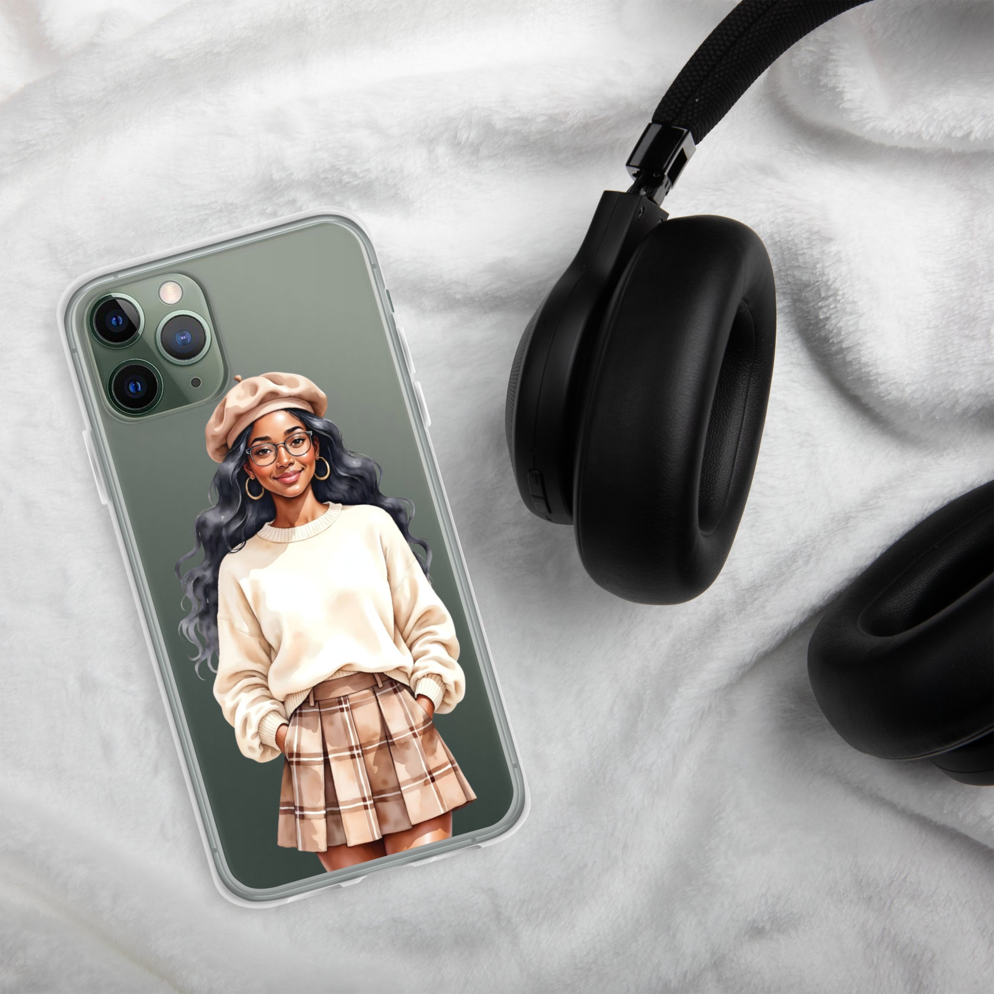 Cozy Plaid Autumn Girl Clear Case for iPhone 11 Pro - Fashion Illustration Protective Cover