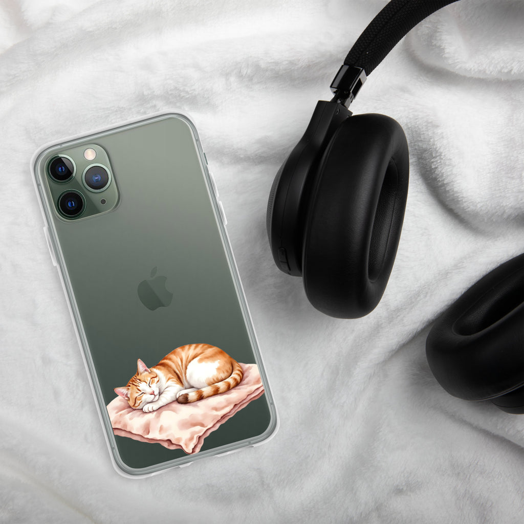 Sleepy Cat on Pillow Clear Case for iPhone 11 Pro - Cute Cozy Kitty Illustration Protective Cover