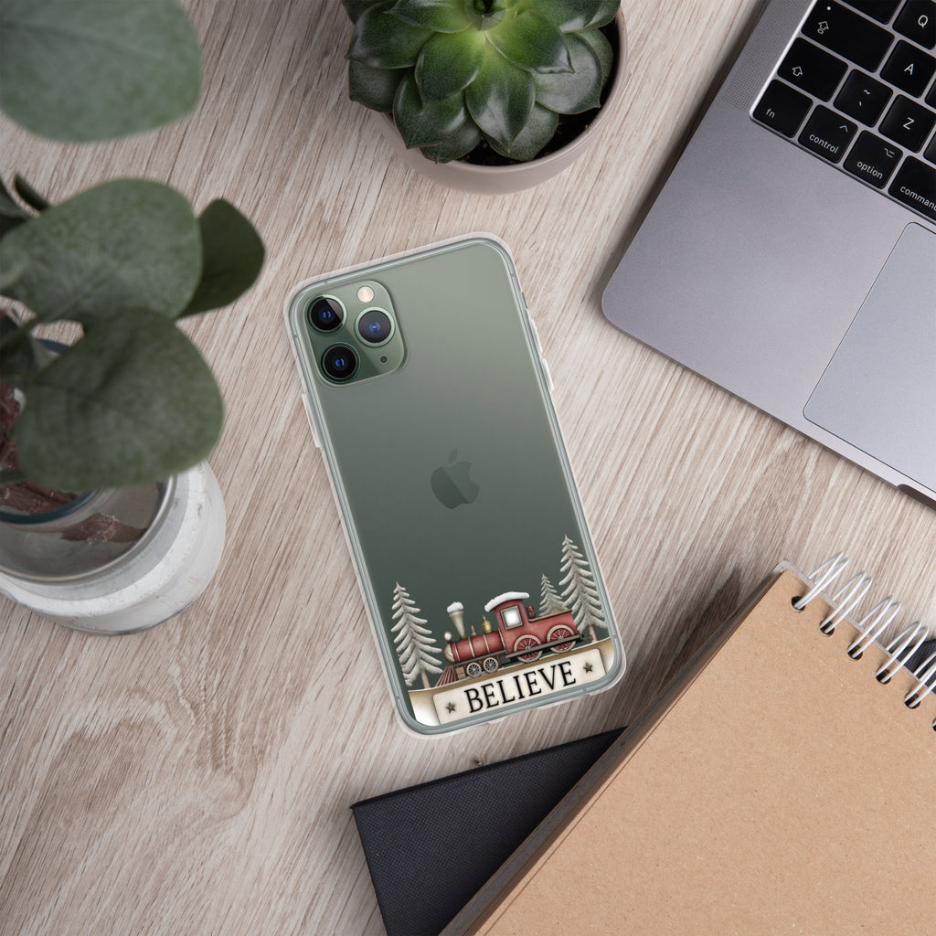 Christmas Believe Train Clear Case for iPhone 11 Pro - Vintage Holiday Train Illustration Protective Cover