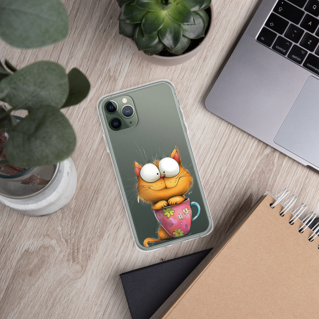 Goofy Cat in Cup Clear Case for iPhone 11 Pro - Funny Cartoon Kitty Protective Cover