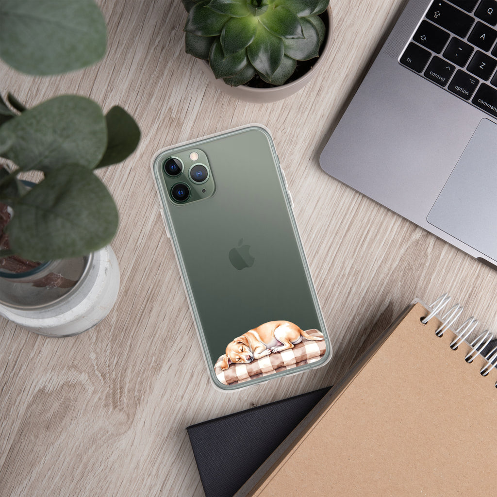 Sleepy Dog on Checkered Blanket Clear Case for iPhone 11 Pro - Cute Cozy Puppy Illustration Protective Cover