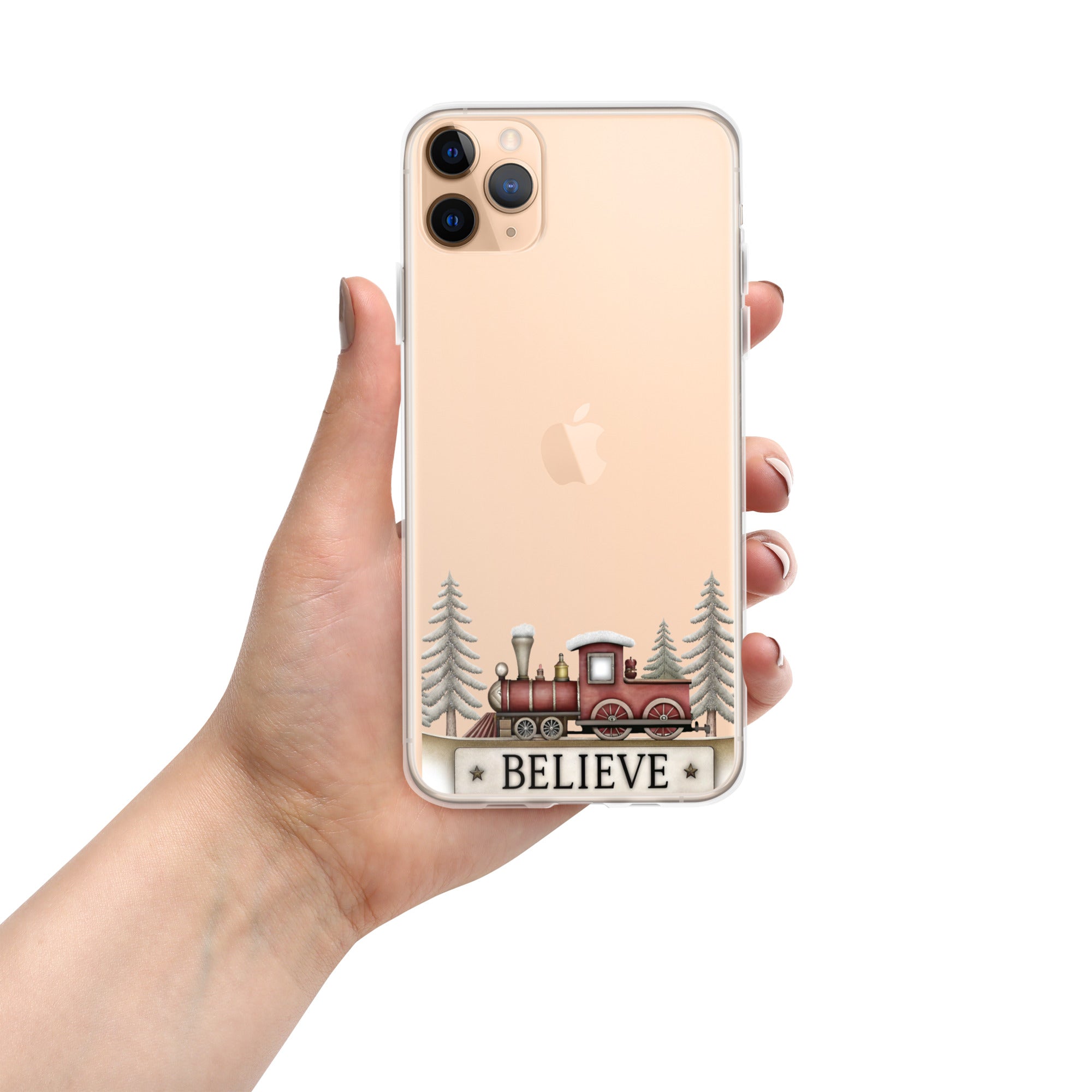 Christmas Believe Train Clear Case for iPhone 11 Pro Max - Vintage Holiday Train Illustration Protective Cover