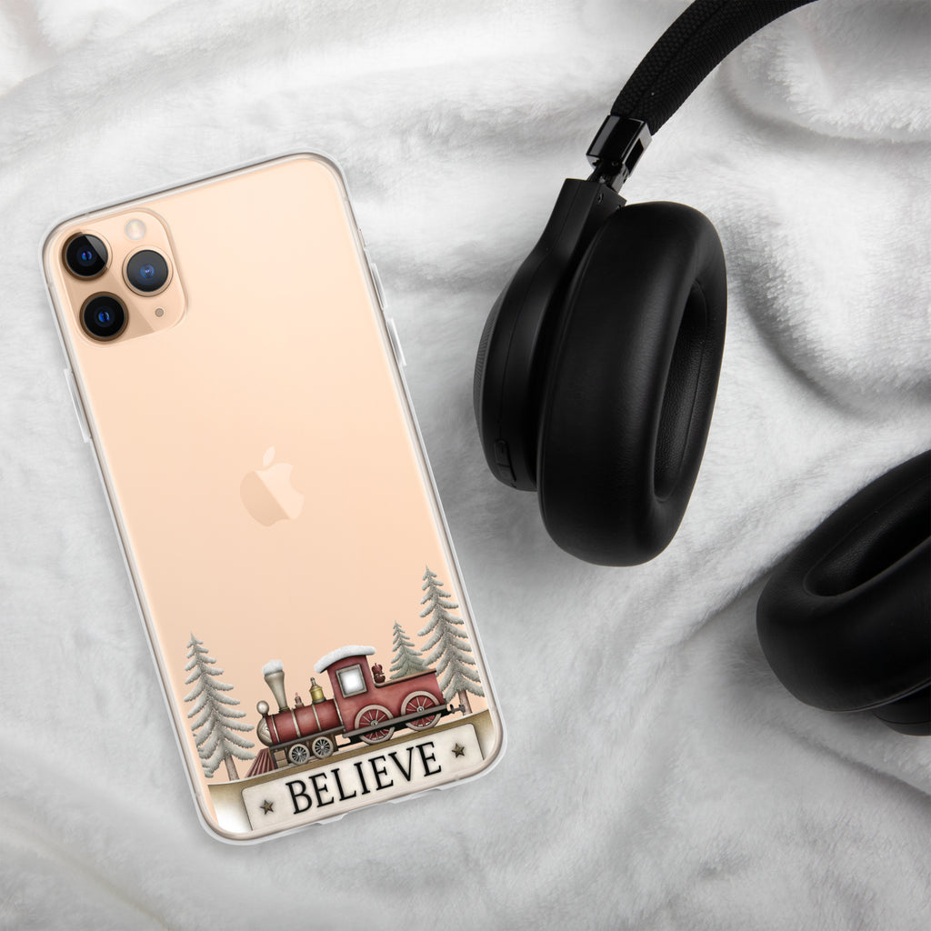 Christmas Believe Train Clear Case for iPhone 11 Pro Max - Vintage Holiday Train Illustration Protective Cover