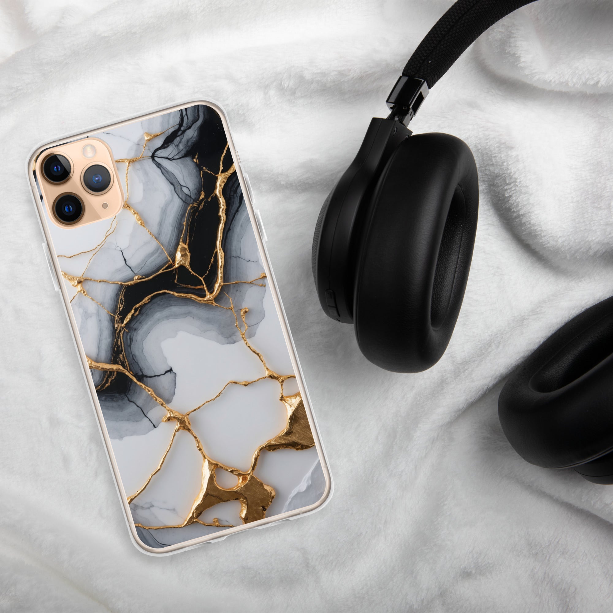 Golden Marble Veins Clear Case for iPhone 11 Pro Max - Luxury Black & White Marble Protective Cover