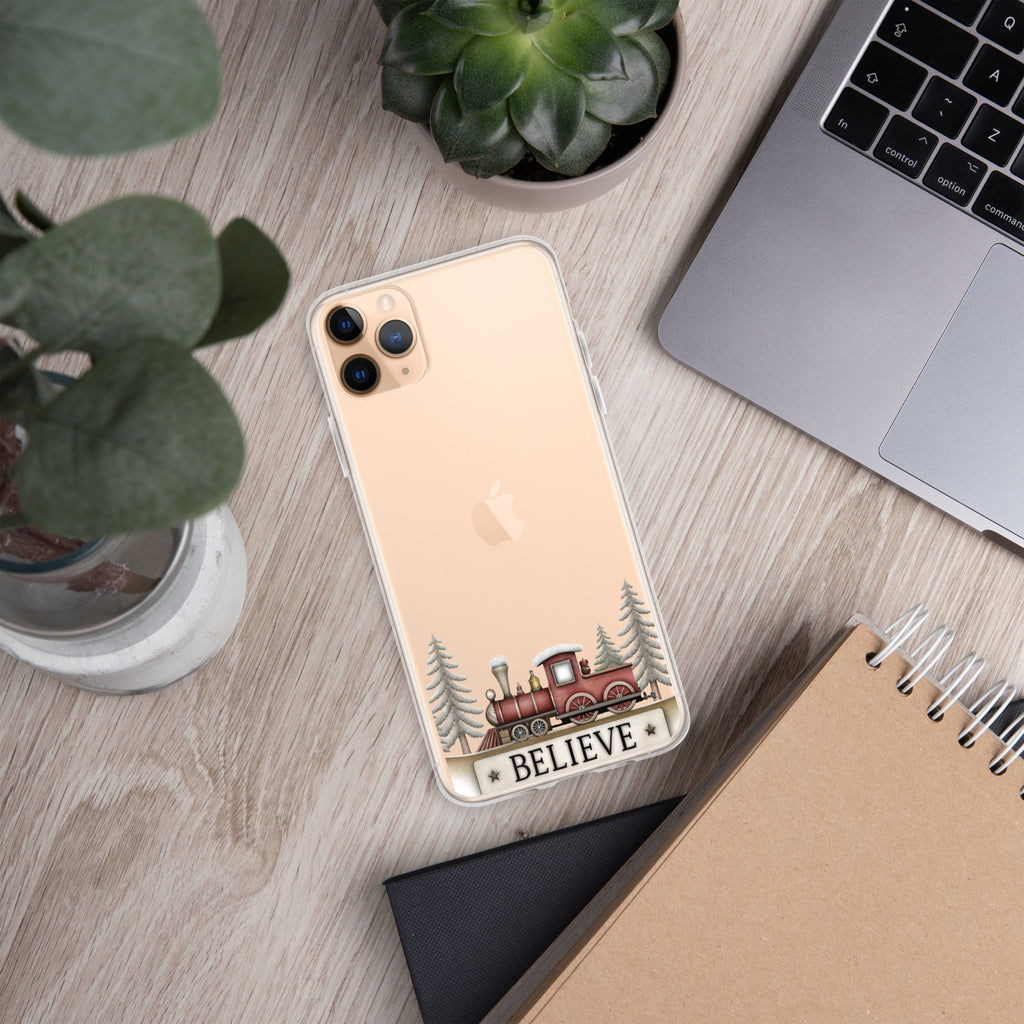 Christmas Believe Train Clear Case for iPhone 11 Pro Max - Vintage Holiday Train Illustration Protective Cover