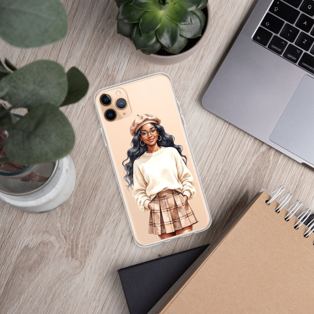 Cozy Plaid Autumn Girl Clear Case for iPhone 11 Pro Max - Fashion Illustration Protective Cover