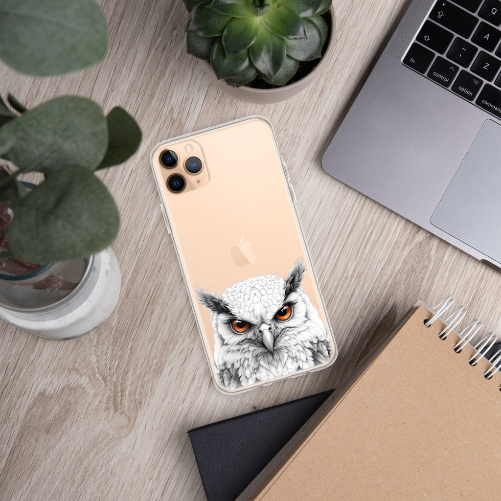Snowy Owl Glare Clear Case for iPhone 11 Pro Max - Minimalist White Owl Illustration Protective Cover