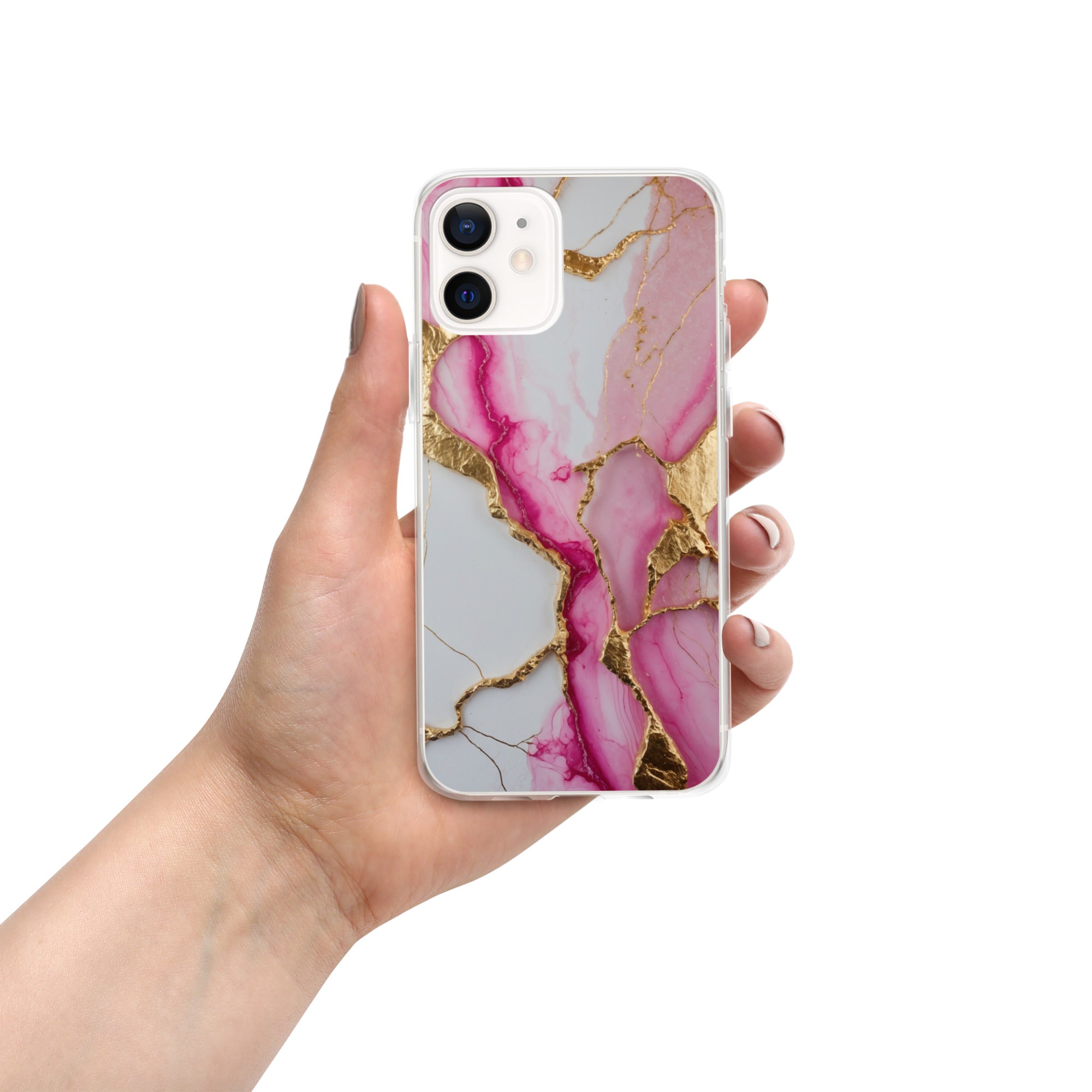 Pink Golden Marble Luxe Clear Case for iPhone 12 - Luxury Pink & Gold Marble Protective Cover