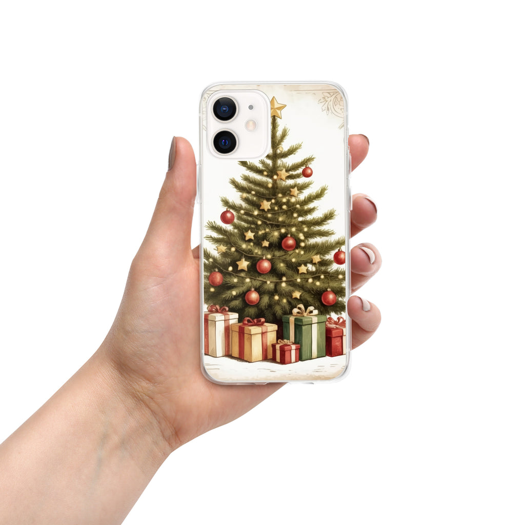 Vintage Christmas Tree Clear Case for iPhone 12 - Festive Holiday Tree & Gifts Protective Cover