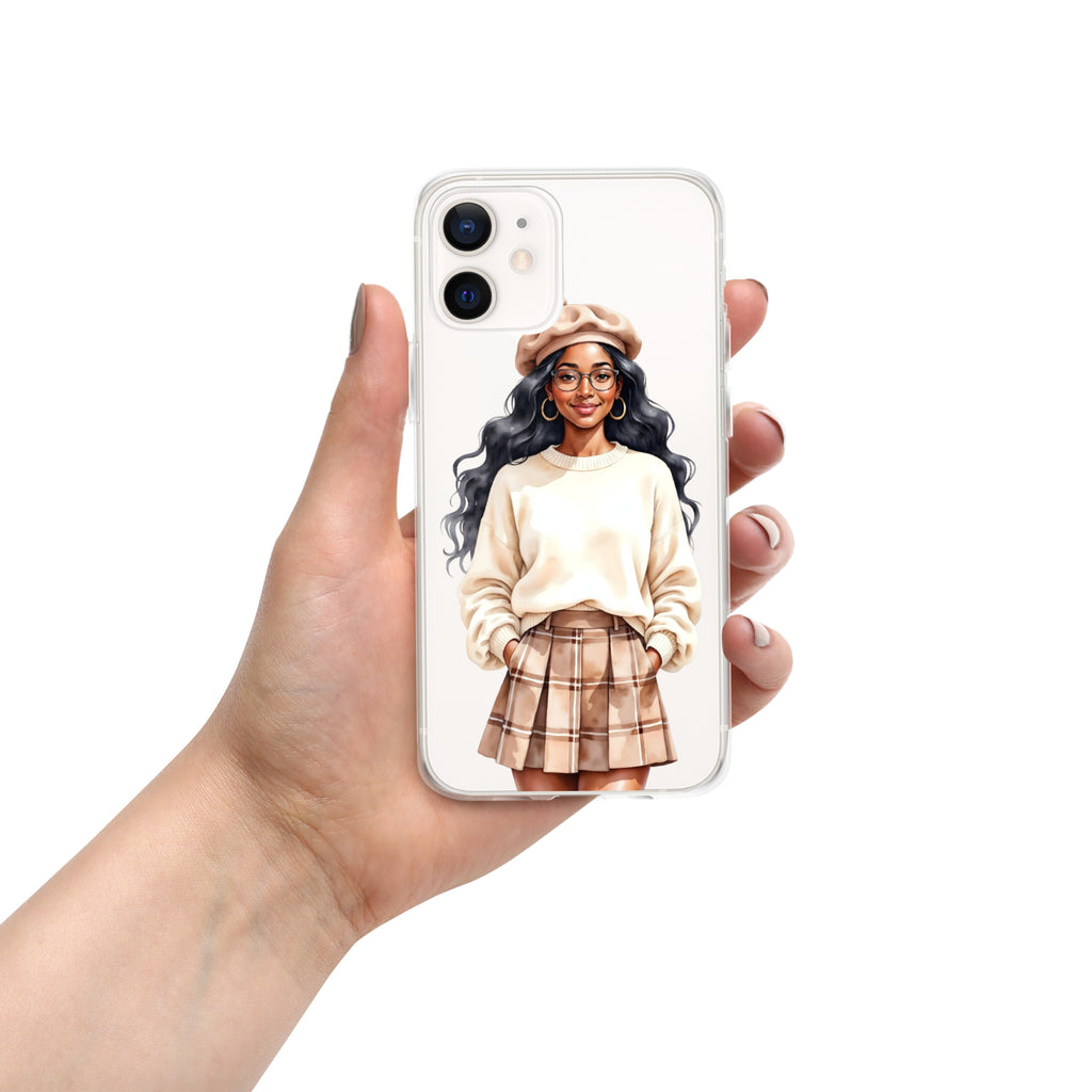 Cozy Plaid Autumn Girl Clear Case for iPhone 12 - Fashion Illustration Protective Cover