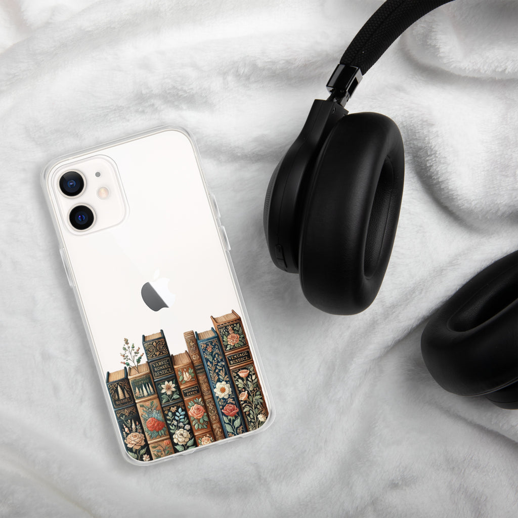 Vintage Floral Bookshelf Clear Case for iPhone 12 - Dark Academia Book Lover Cover