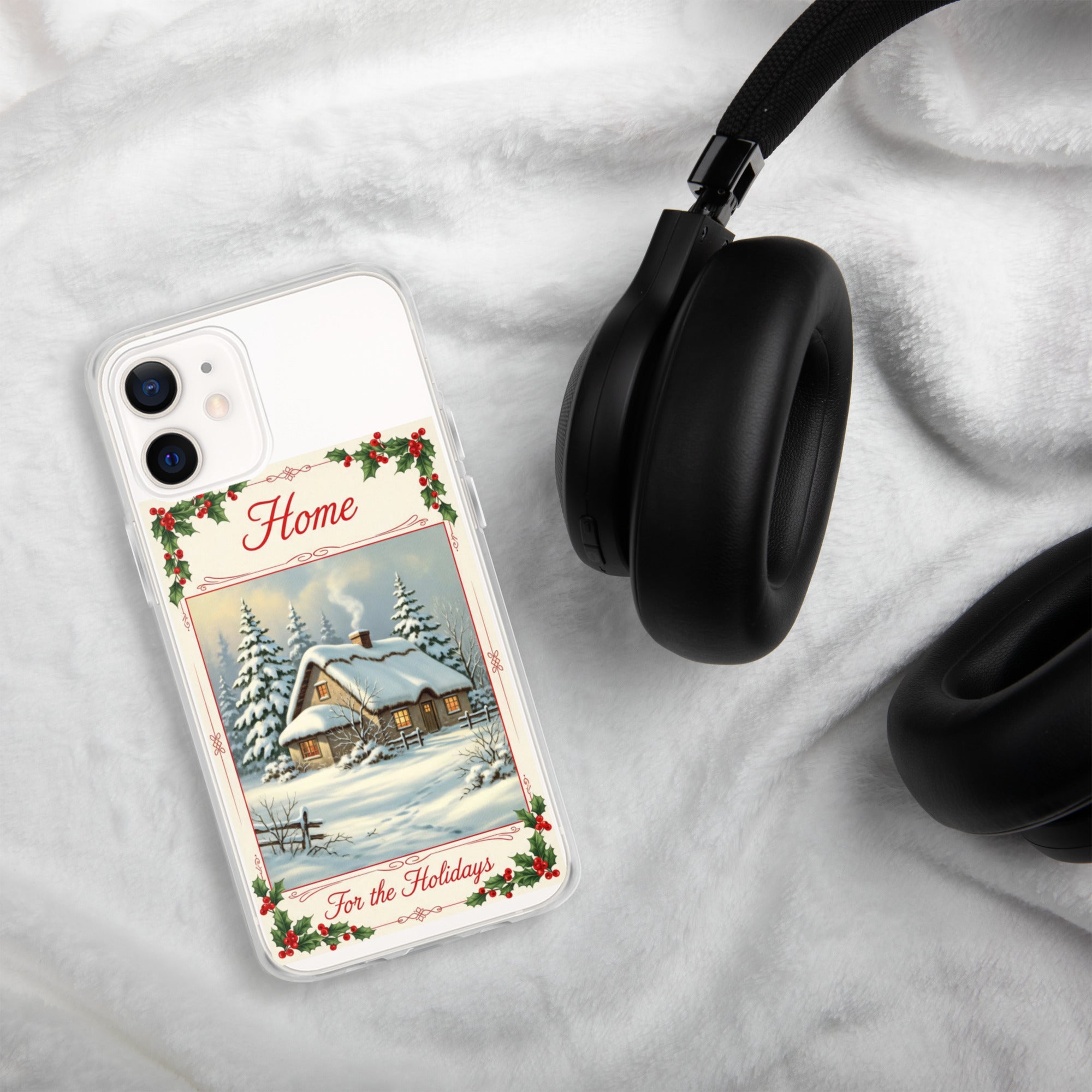 Home for the Holidays Clear Case for iPhone 12 - Vintage Christmas Cottage Protective Cover