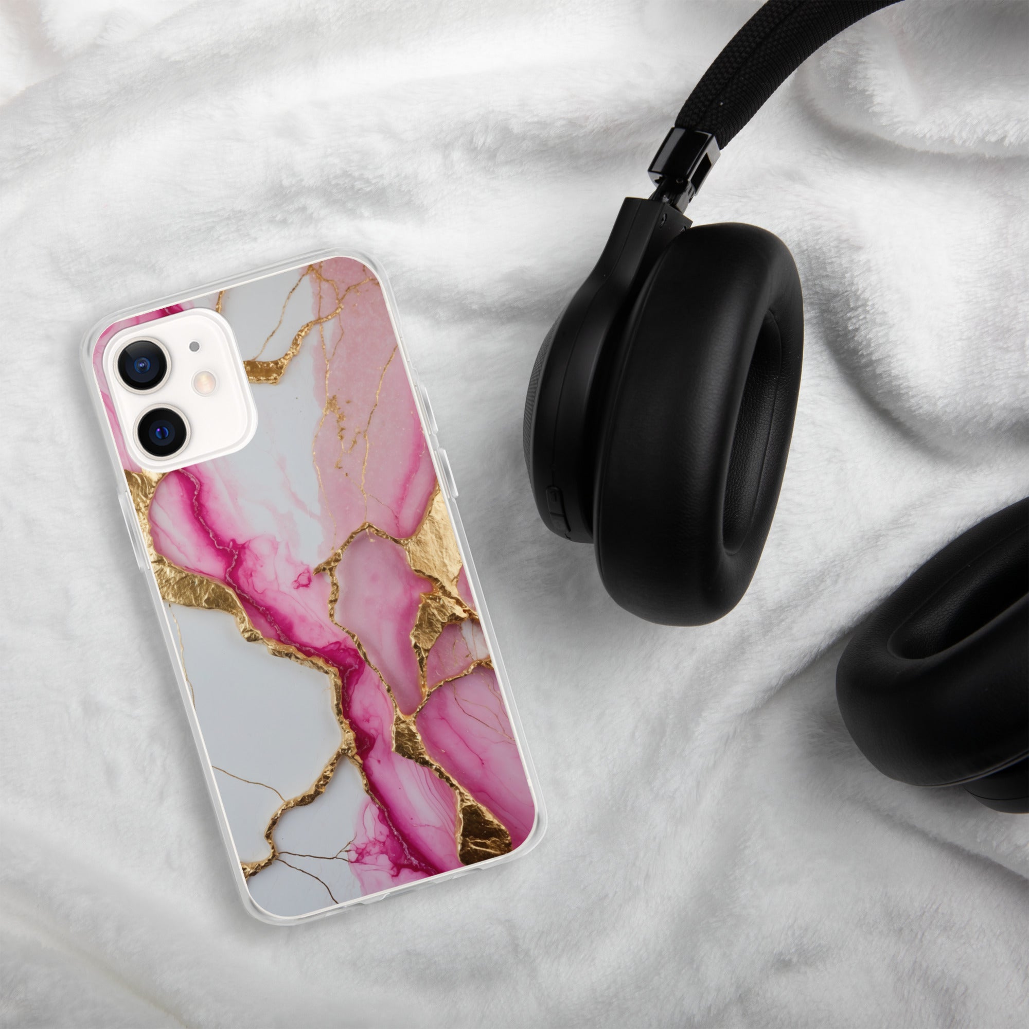 Pink Golden Marble Luxe Clear Case for iPhone 12 - Luxury Pink & Gold Marble Protective Cover