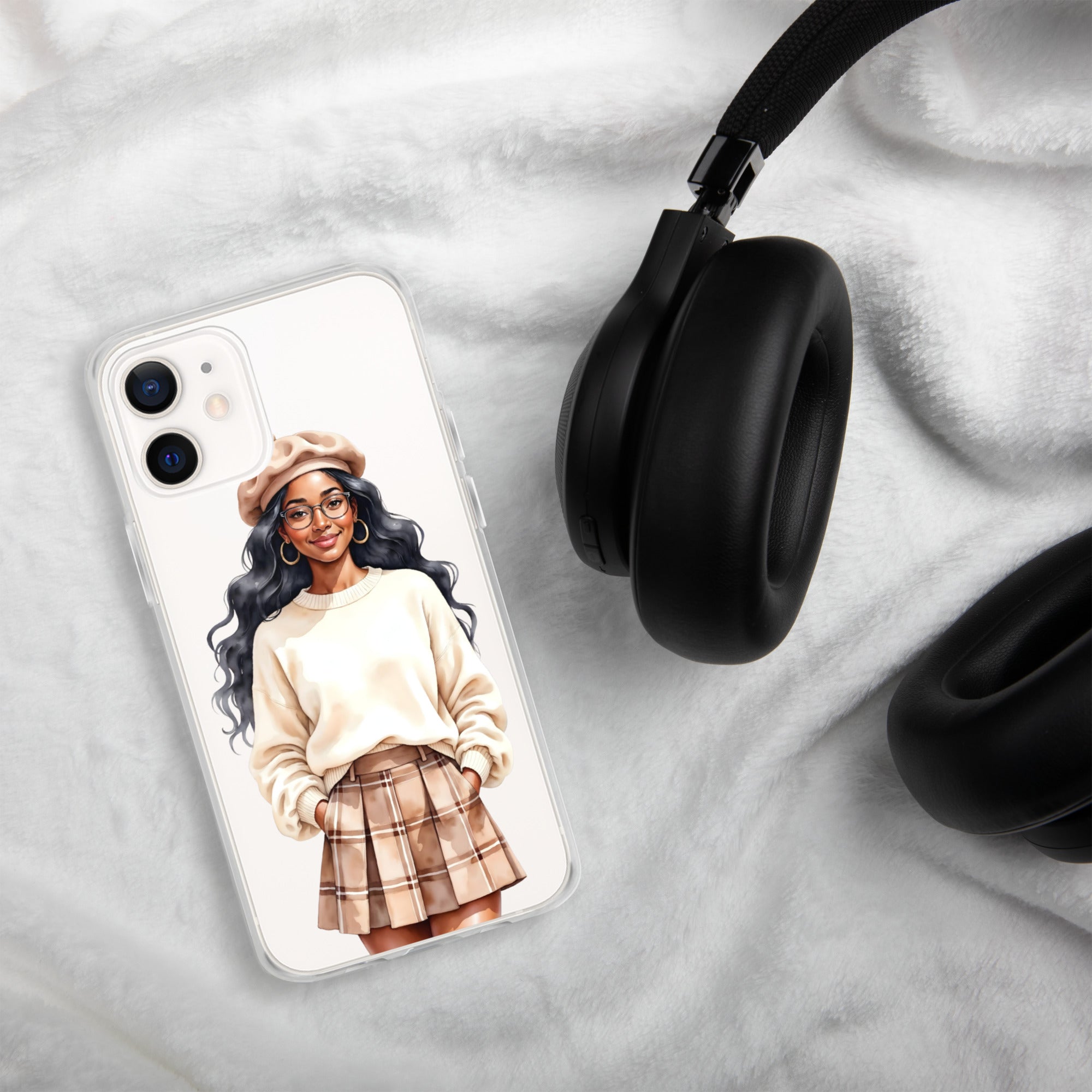 Cozy Plaid Autumn Girl Clear Case for iPhone 12 - Fashion Illustration Protective Cover