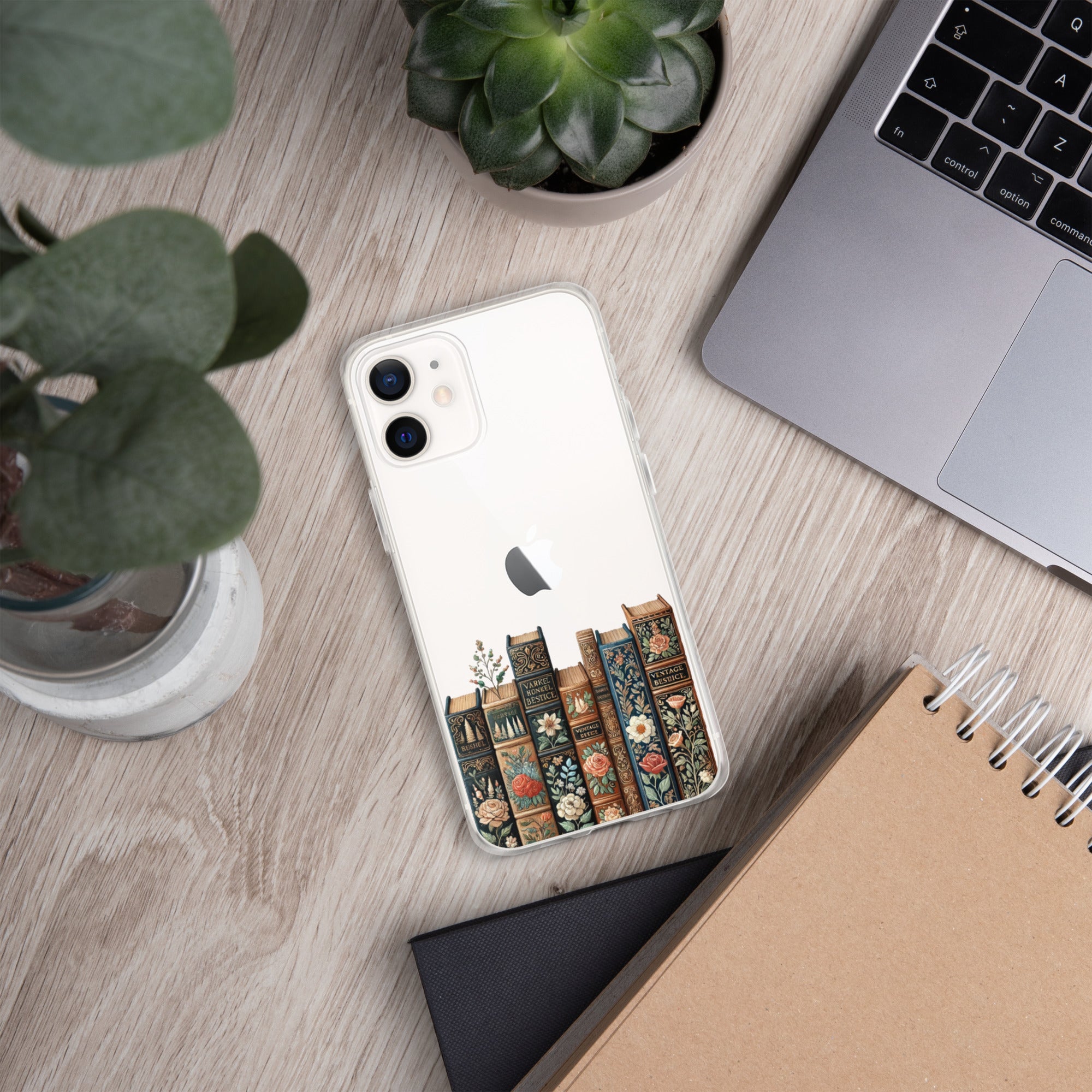 Vintage Floral Bookshelf Clear Case for iPhone 12 - Dark Academia Book Lover Cover