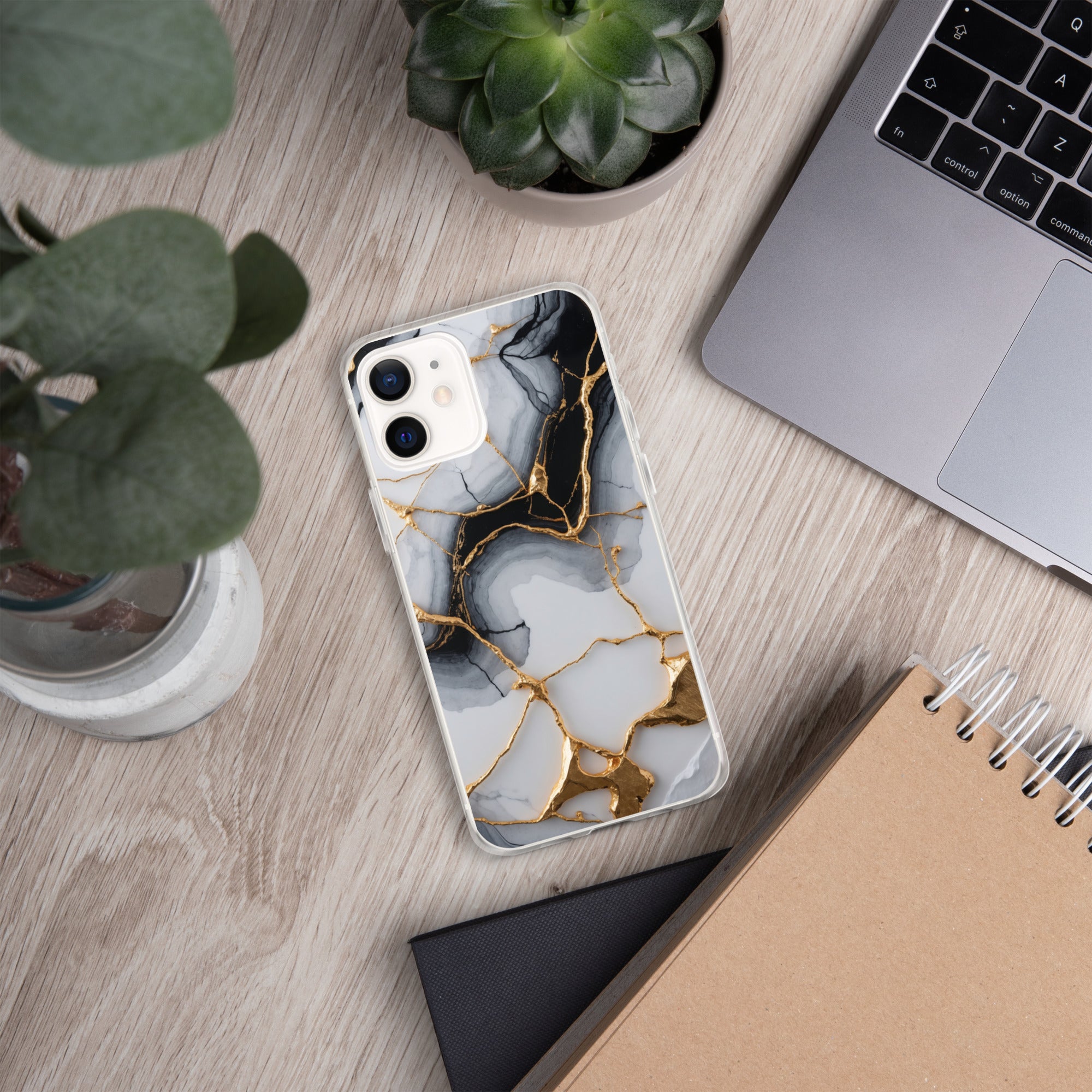 Golden Marble Veins Clear Case for iPhone 12 - Luxury Black & White Marble Protective Cover