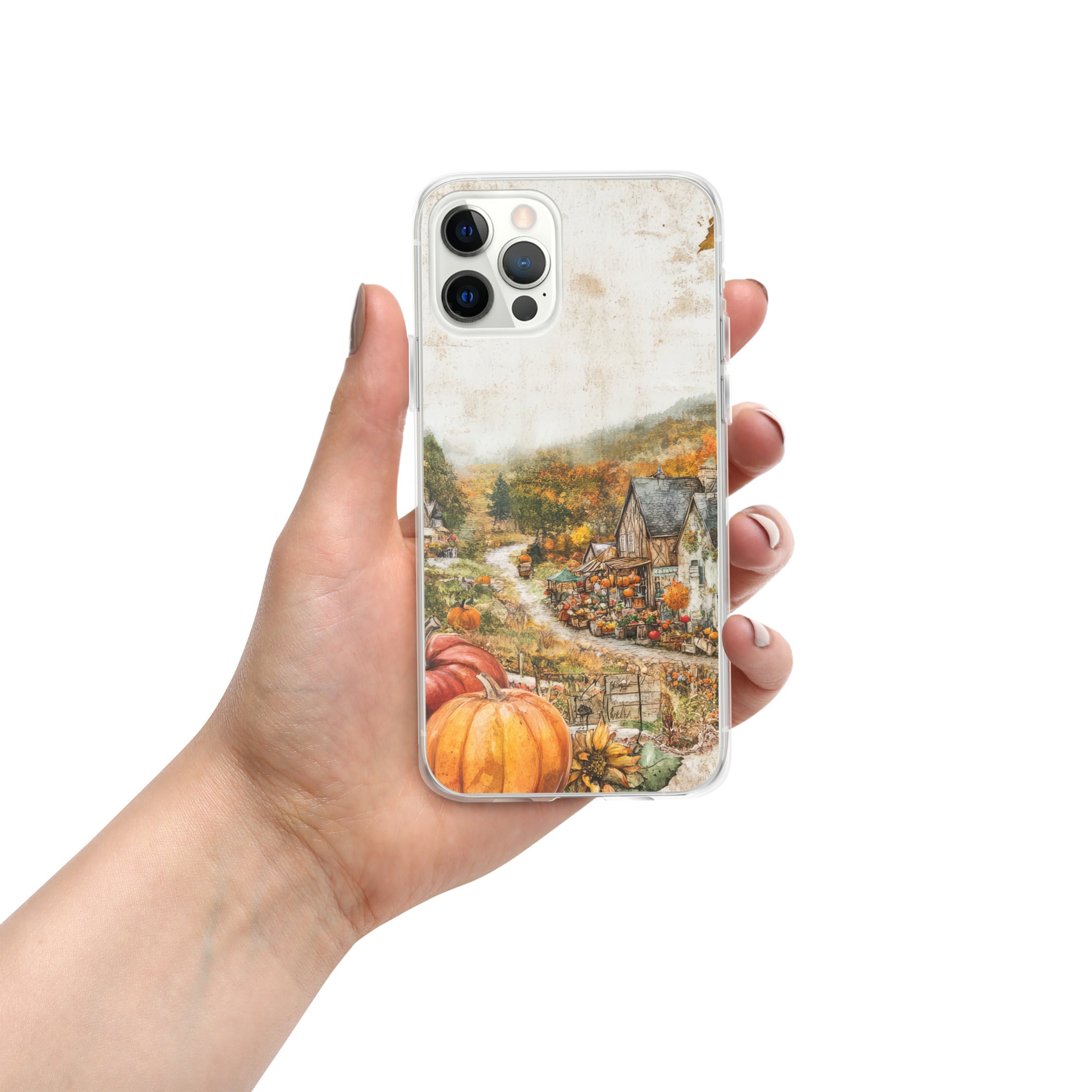 Autumn Village Clear Case for iPhone 12 Pro - Fall Rustic Pumpkin Design Protective Cover