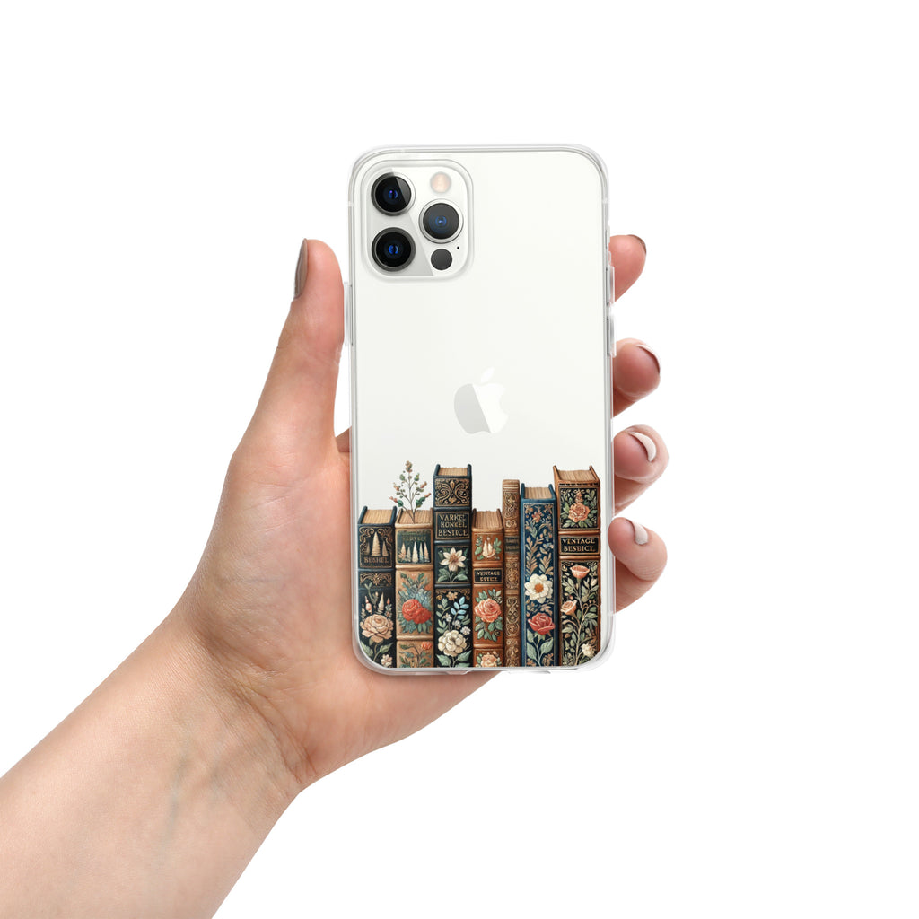 Vintage Floral Bookshelf Clear Case for iPhone 12 Pro - Dark Academia Book Lover Cover