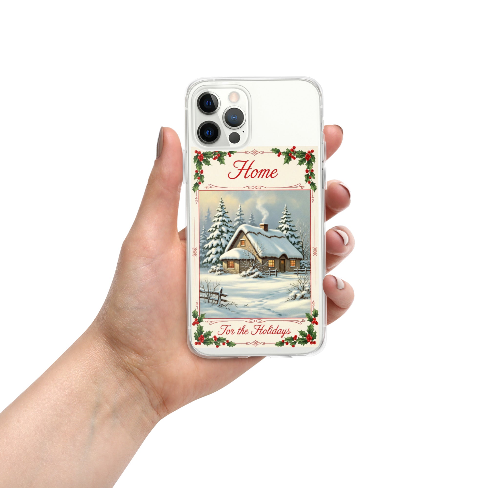 Home for the Holidays Clear Case for iPhone 12 Pro - Vintage Christmas Cottage Protective Cover