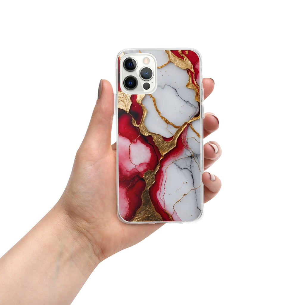 Crimson Golden Marble Luxe Clear Case for iPhone 12 Pro - Luxury Red & Gold Marble Protective Cover