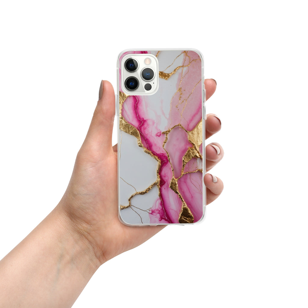 Pink Golden Marble Luxe Clear Case for iPhone 12 Pro - Luxury Pink & Gold Marble Protective Cover