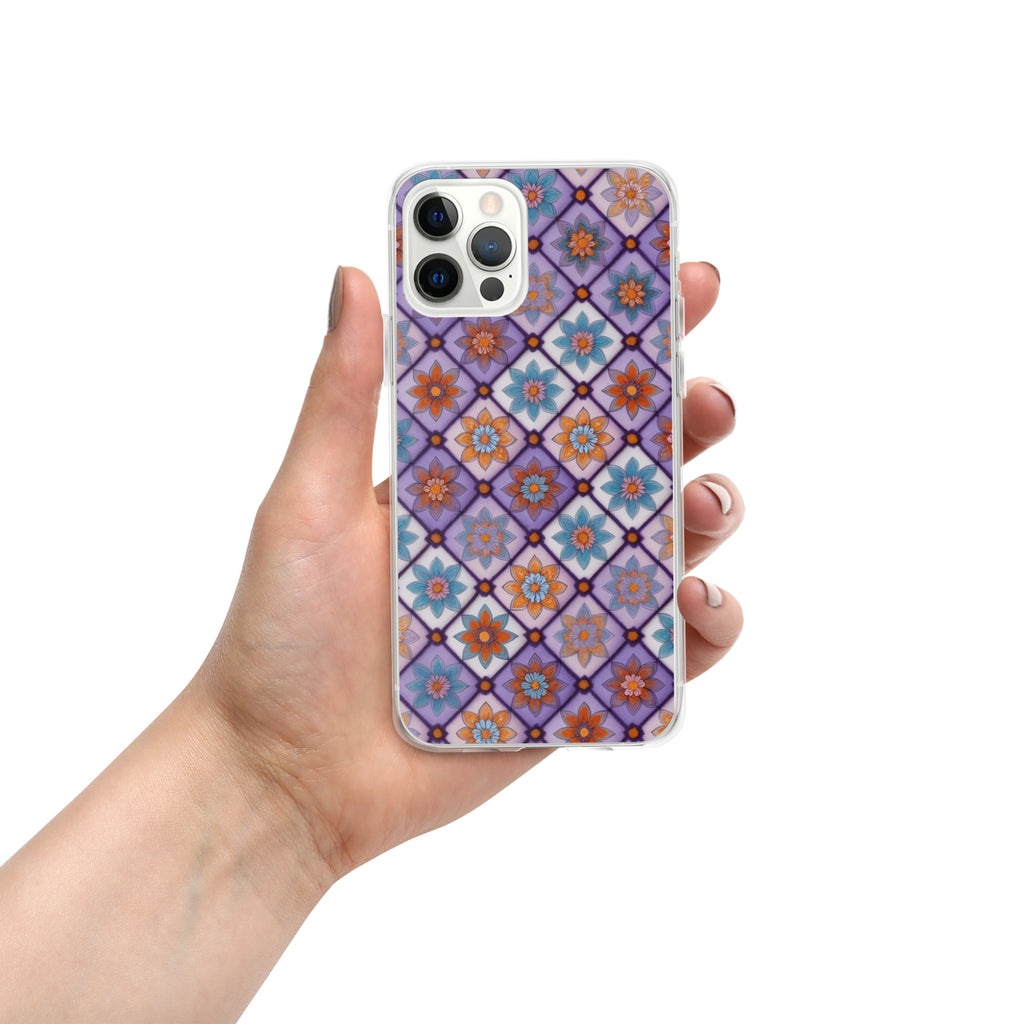 Violet Mosaic Blooms Clear Case for iPhone 12 Pro - Colorful Floral Pattern Protective Cover