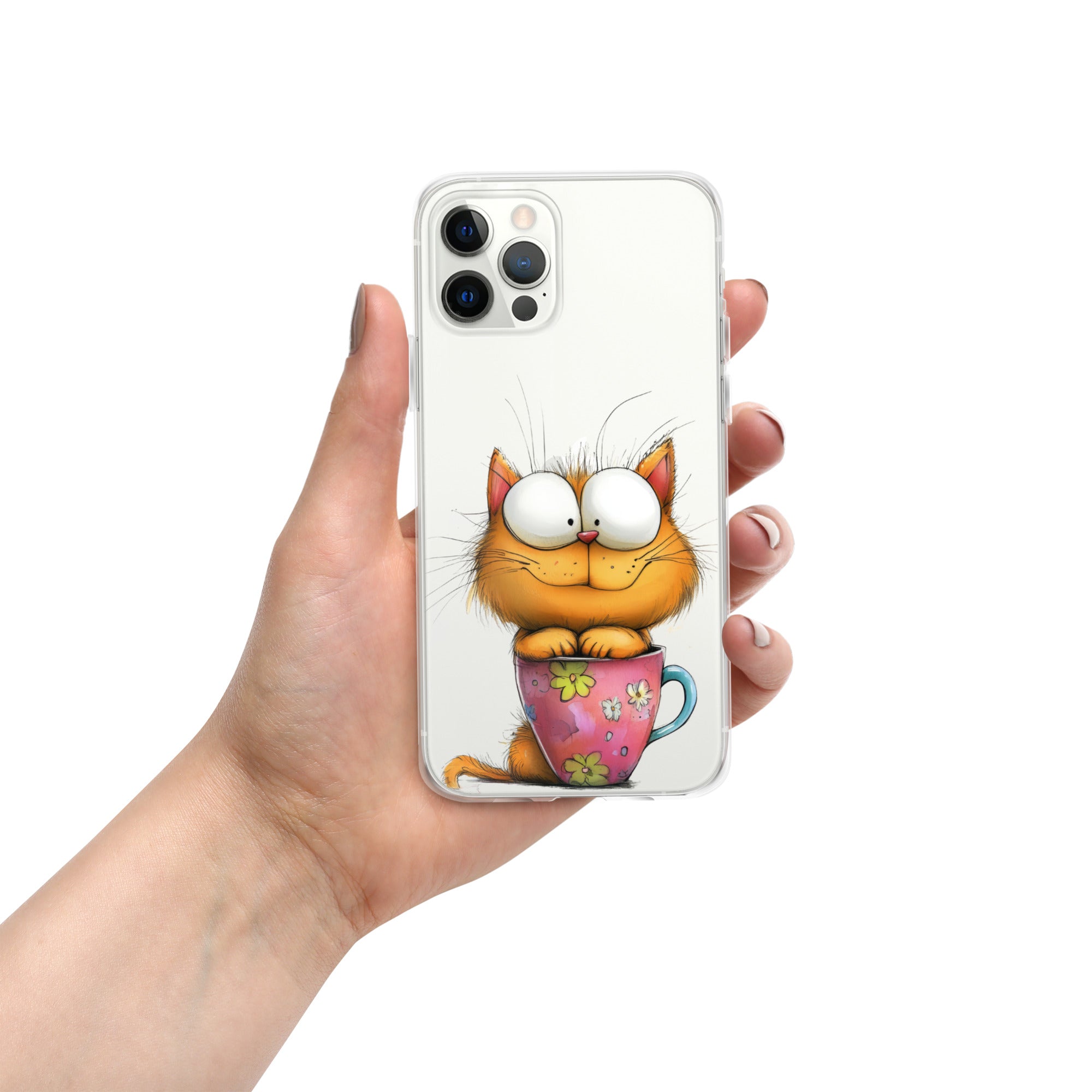 Goofy Cat in Cup Clear Case for iPhone 12 Pro - Funny Cartoon Kitty Protective Cover