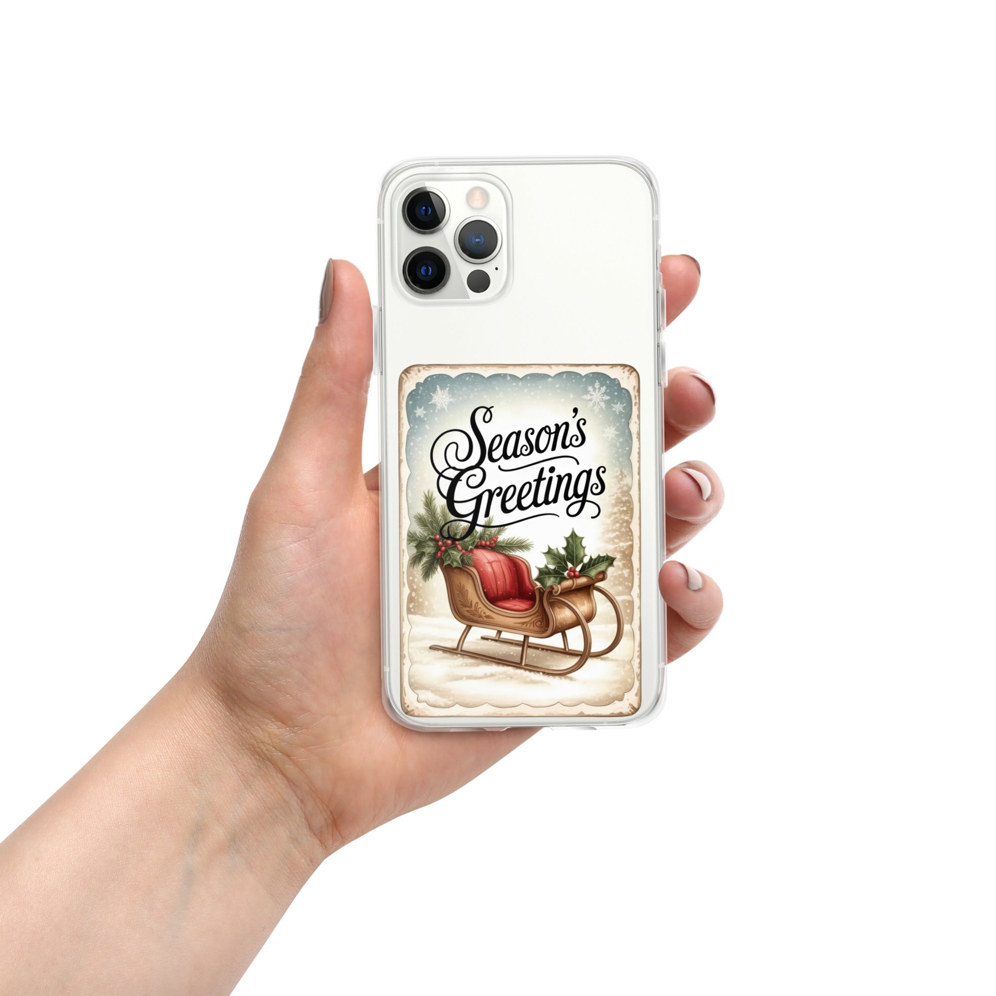 Season’s Greetings Vintage Holiday Clear Case for iPhone 12 Pro - Retro Christmas Sleigh Festive Cover