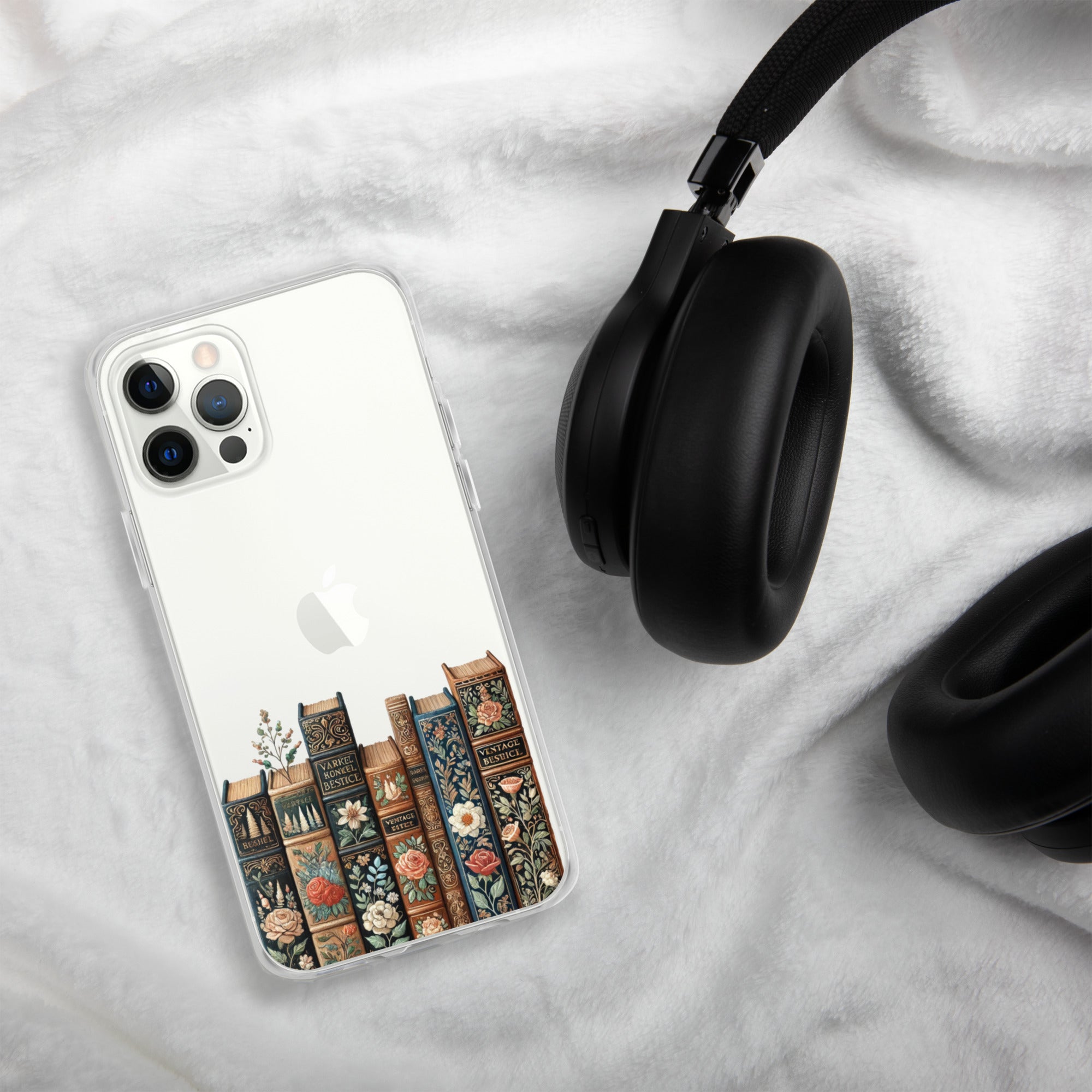 Vintage Floral Bookshelf Clear Case for iPhone 12 Pro - Dark Academia Book Lover Cover