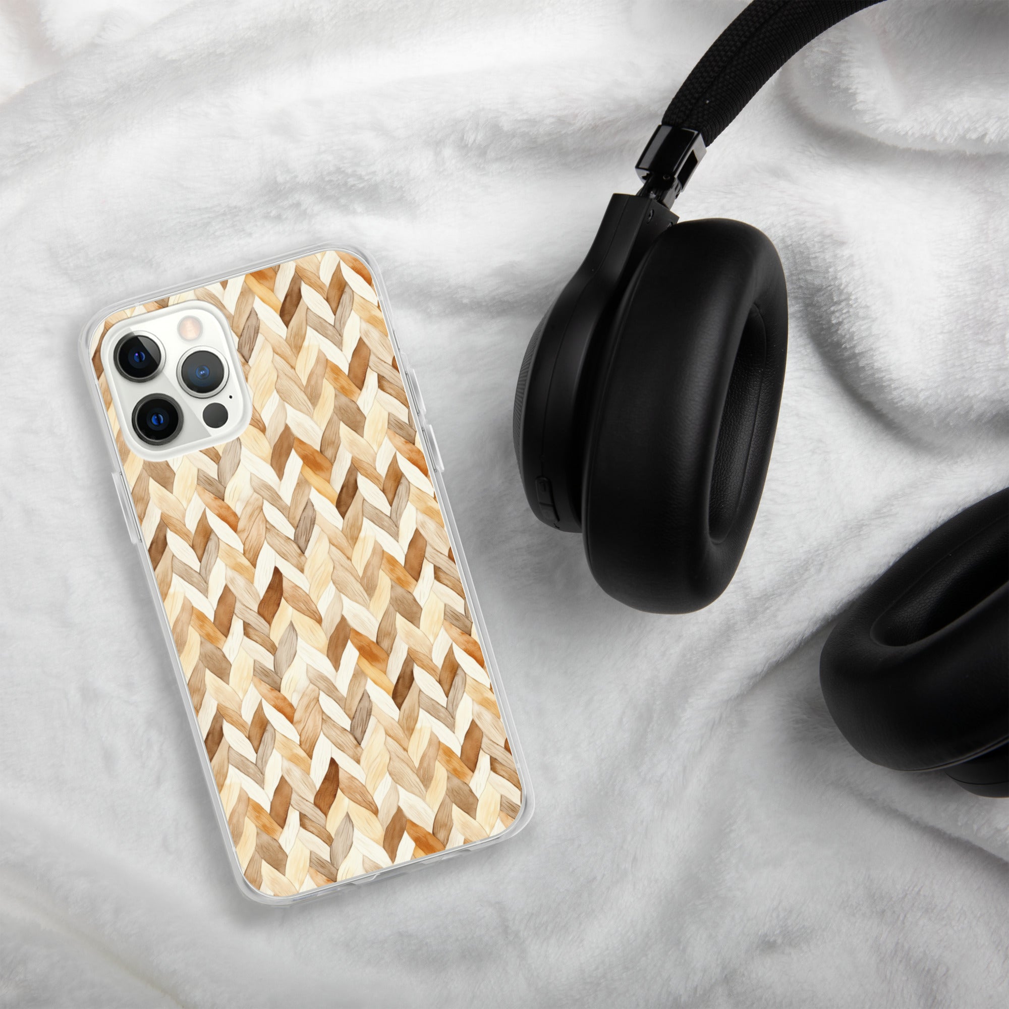 Cozy Knit Pattern Clear Case for iPhone 12 Pro - Neutral Braided Texture Protective Cover