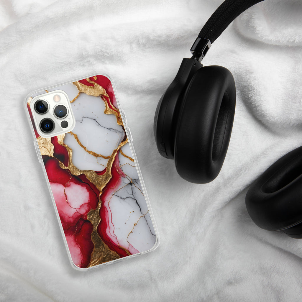 Crimson Golden Marble Luxe Clear Case for iPhone 12 Pro - Luxury Red & Gold Marble Protective Cover