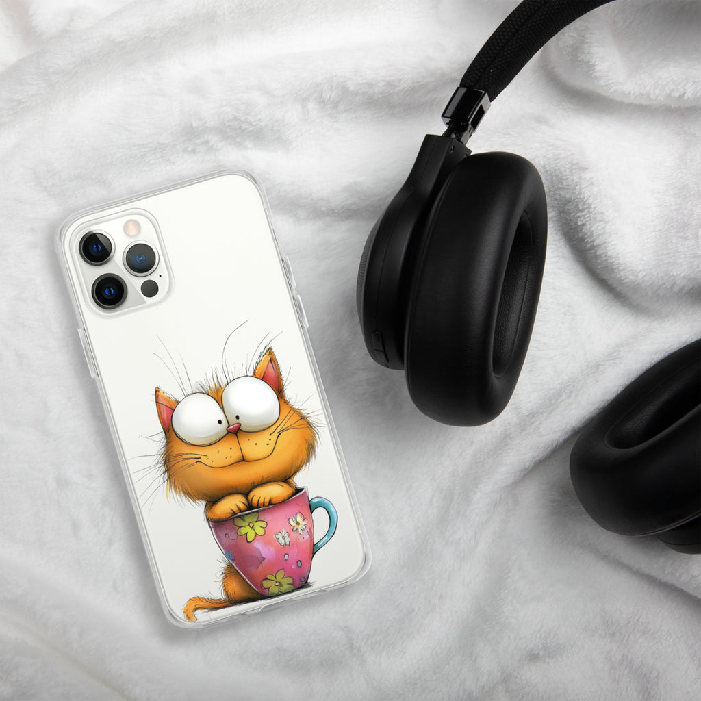 Goofy Cat in Cup Clear Case for iPhone 12 Pro - Funny Cartoon Kitty Protective Cover