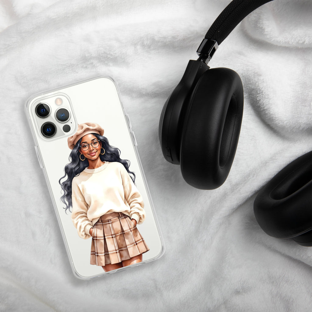 Cozy Plaid Autumn Girl Clear Case for iPhone 12 Pro - Fashion Illustration Protective Cover