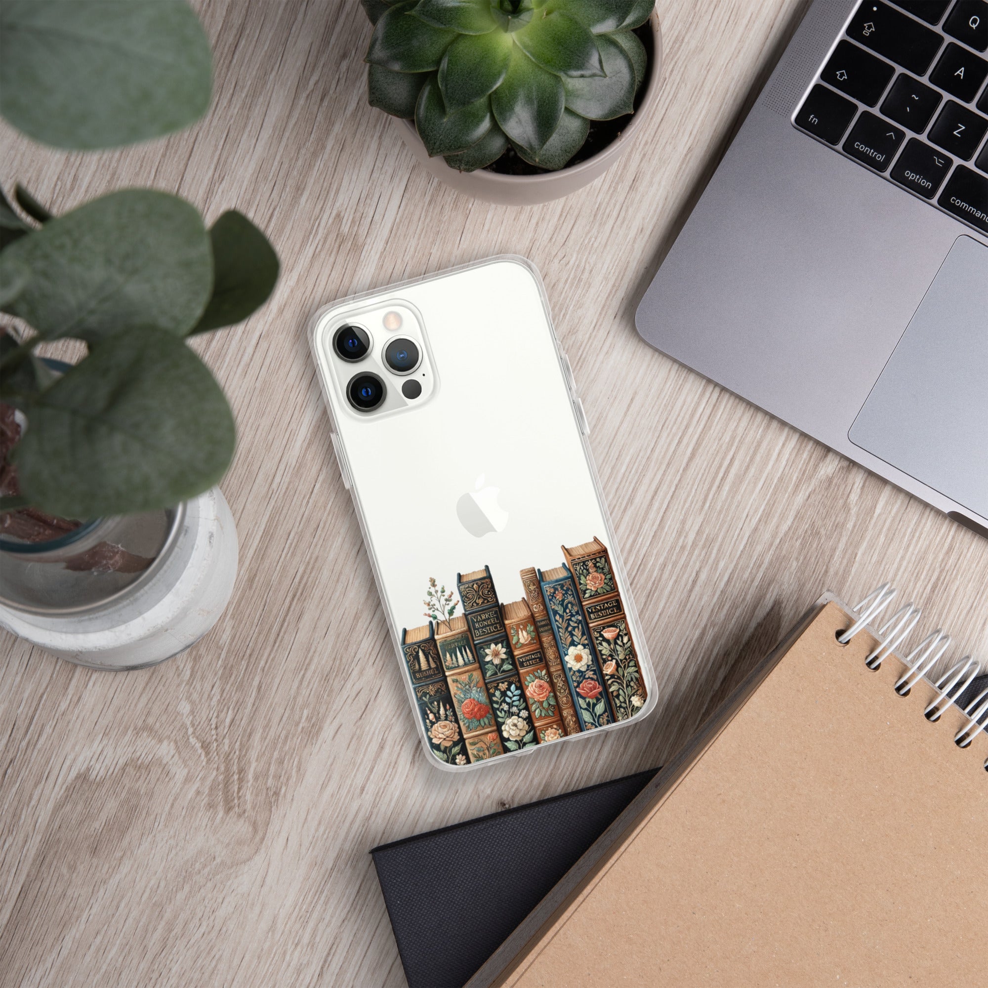 Vintage Floral Bookshelf Clear Case for iPhone 12 Pro - Dark Academia Book Lover Cover