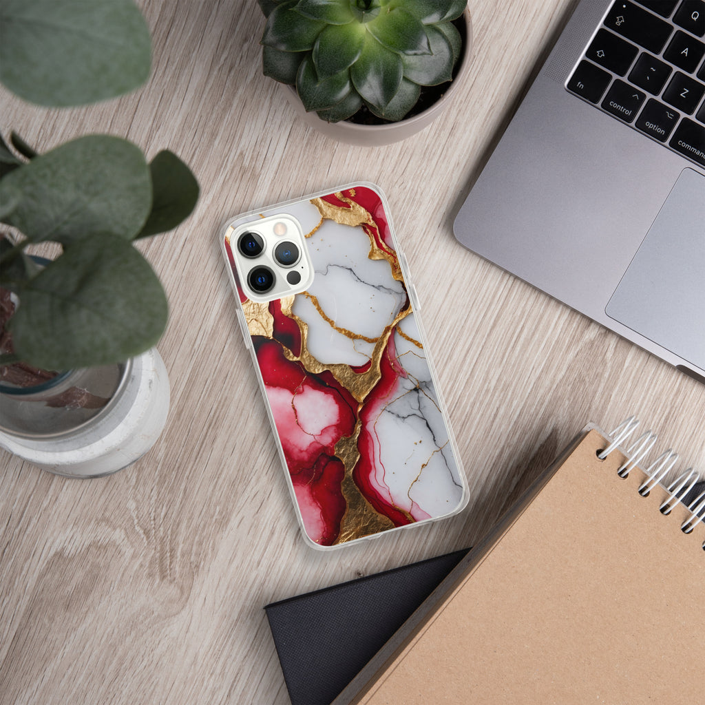Crimson Golden Marble Luxe Clear Case for iPhone 12 Pro - Luxury Red & Gold Marble Protective Cover