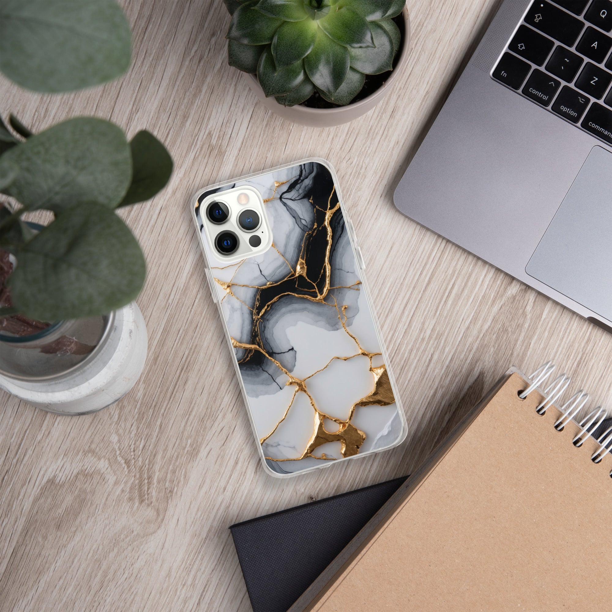 Golden Marble Veins Clear Case for iPhone 12 Pro - Luxury Black & White Marble Protective Cover