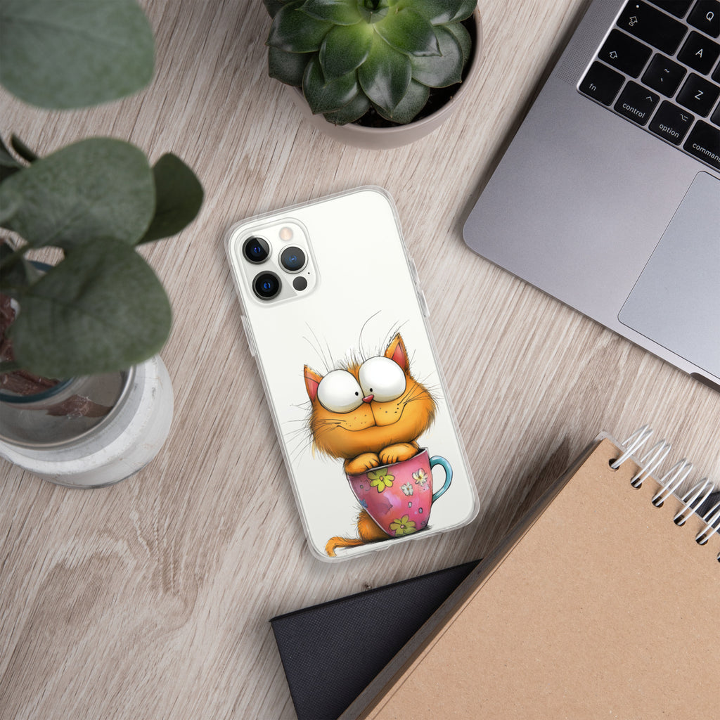 Goofy Cat in Cup Clear Case for iPhone 12 Pro - Funny Cartoon Kitty Protective Cover
