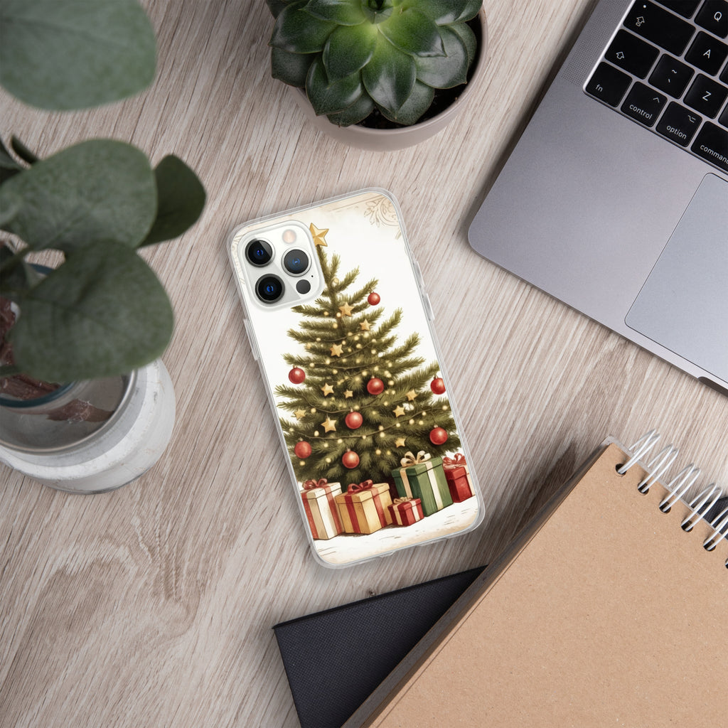 Vintage Christmas Tree Clear Case for iPhone 12 Pro - Festive Holiday Tree & Gifts Protective Cover