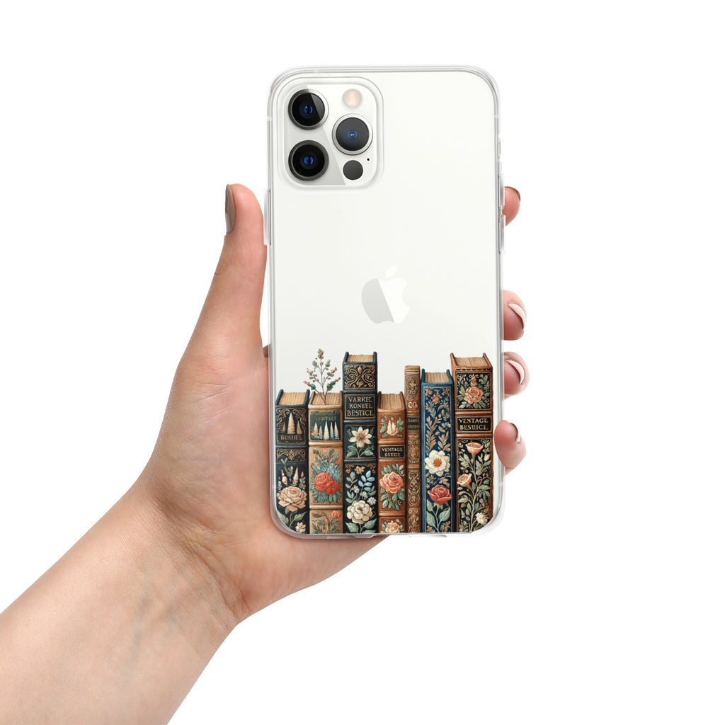 Vintage Floral Bookshelf Clear Case for iPhone 12 Pro Max - Dark Academia Book Lover Cover