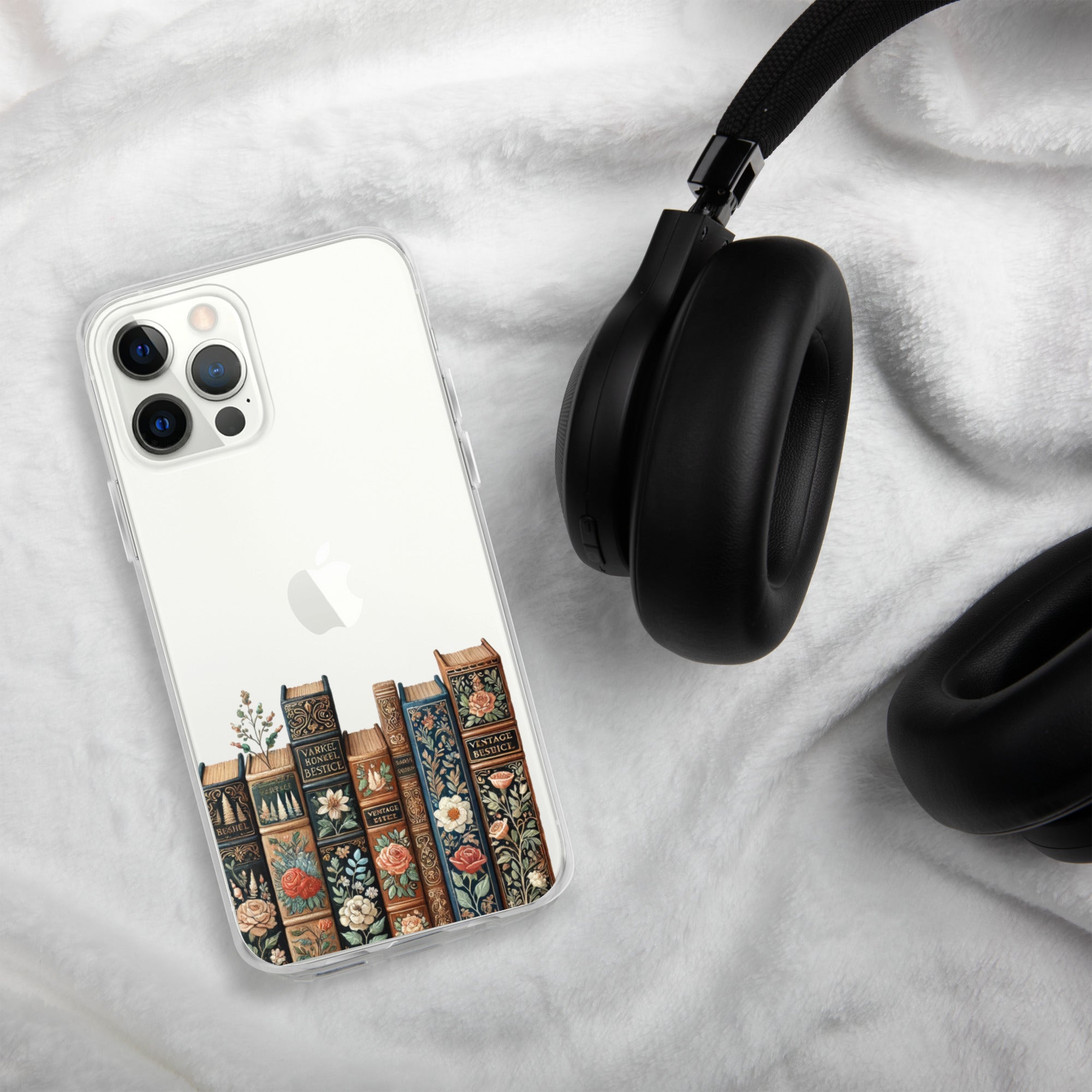 Vintage Floral Bookshelf Clear Case for iPhone 12 Pro Max - Dark Academia Book Lover Cover