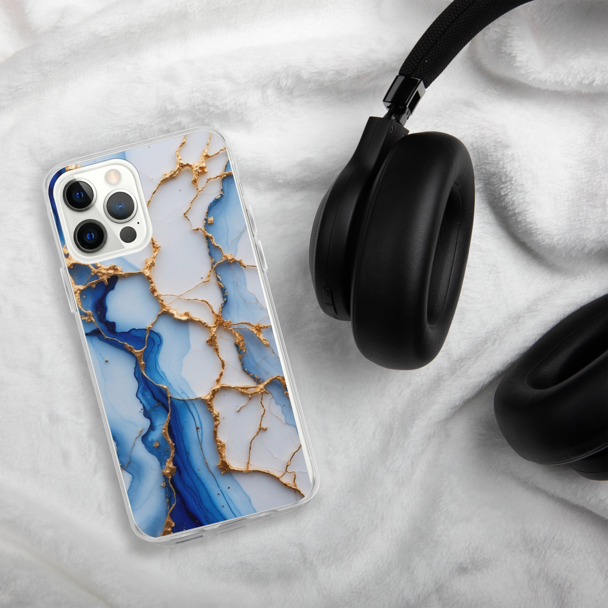 Royal Blue Marble Luxe Clear Case for iPhone 12 Pro Max - Luxury Blue & Gold Marble Protective Cover