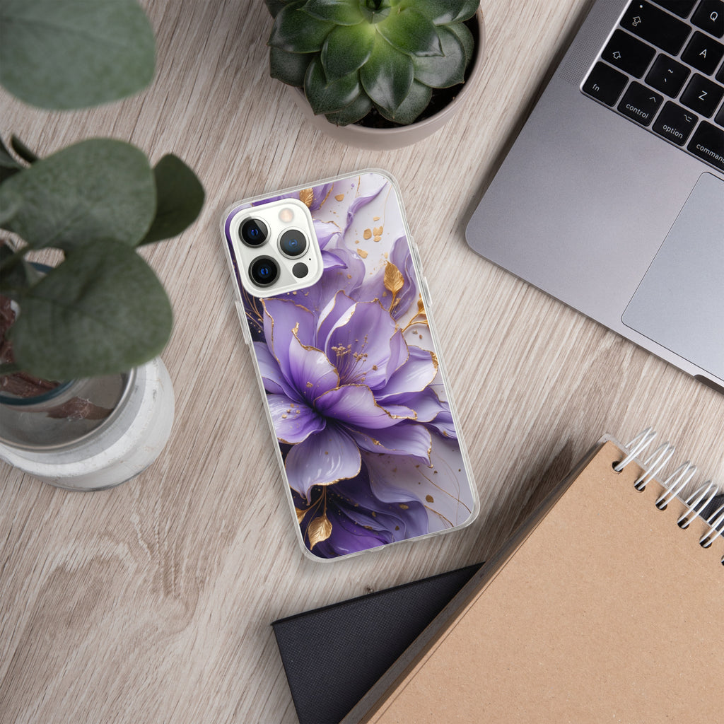 Royal Violet Bloom Clear Case for iPhone 12 Pro Max - Luxury Purple & Gold Floral Protective Cover